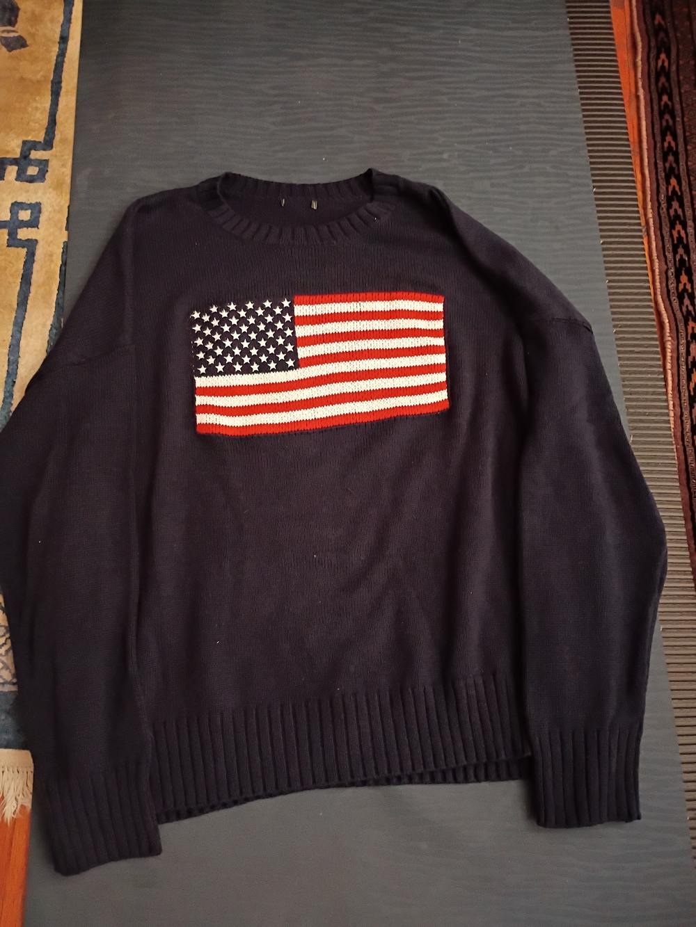 H&M Navy Crewneck Sweater with American Flag Knit